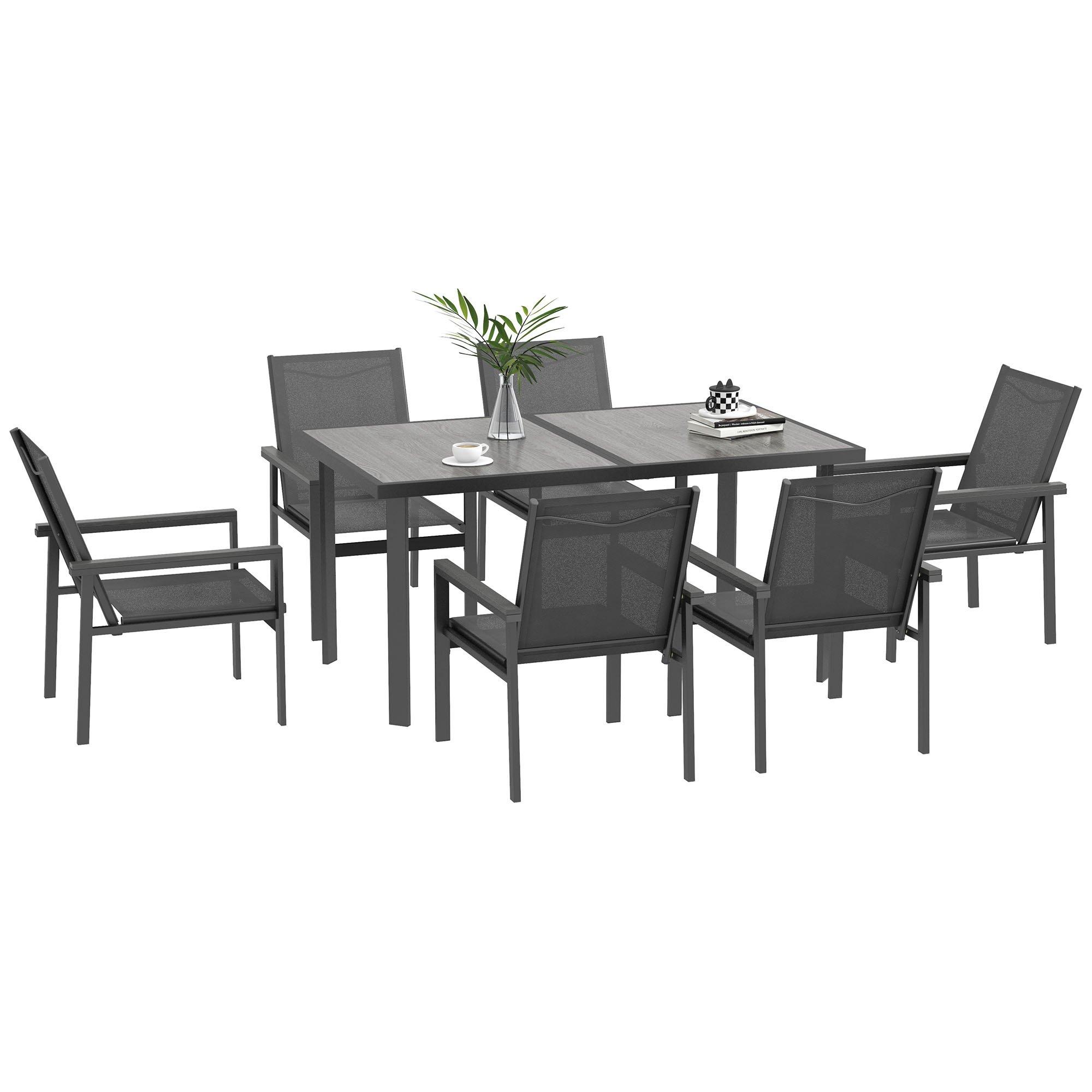7 Pieces Outdoor Dining Table and 6 Armchairs, Garden Dining Set, Grey