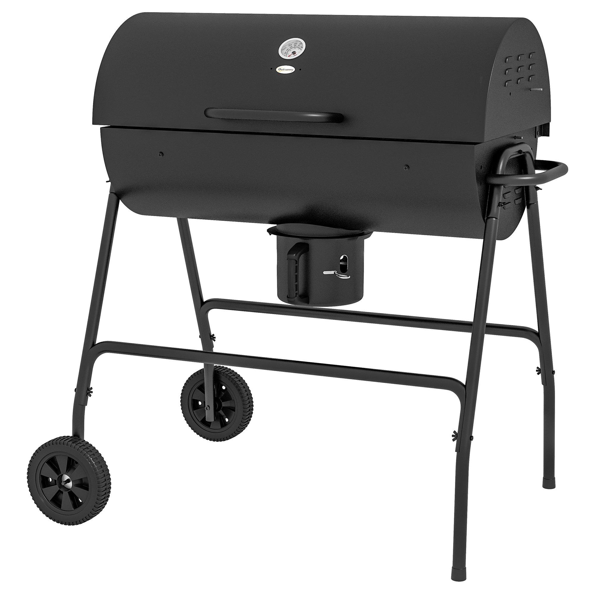 Charcoal Barbecue Grill with Wheels and Ash Catcher, Barrel BBQ Trolley Smoker