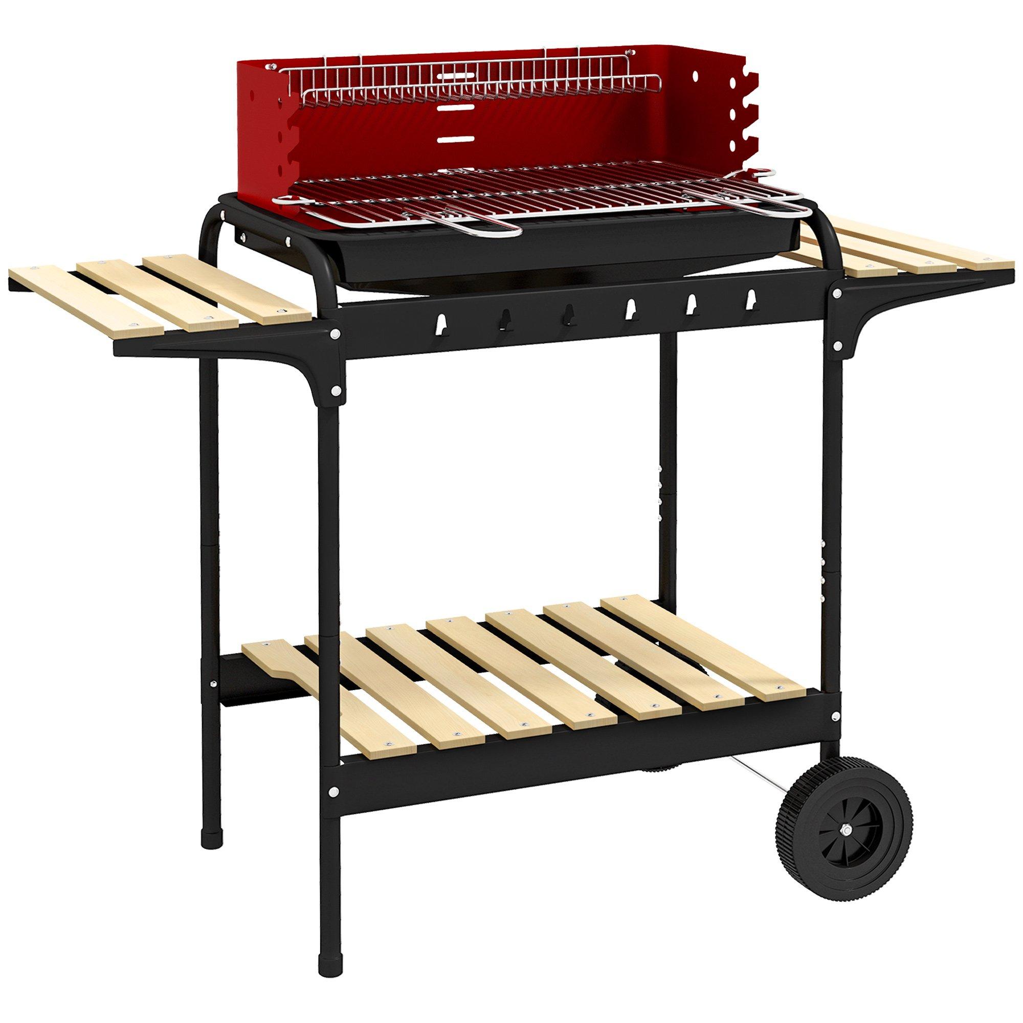 Charcoal Barbecue Grill with Adjustable Grill Height, Portable BBQ Trolley, Red