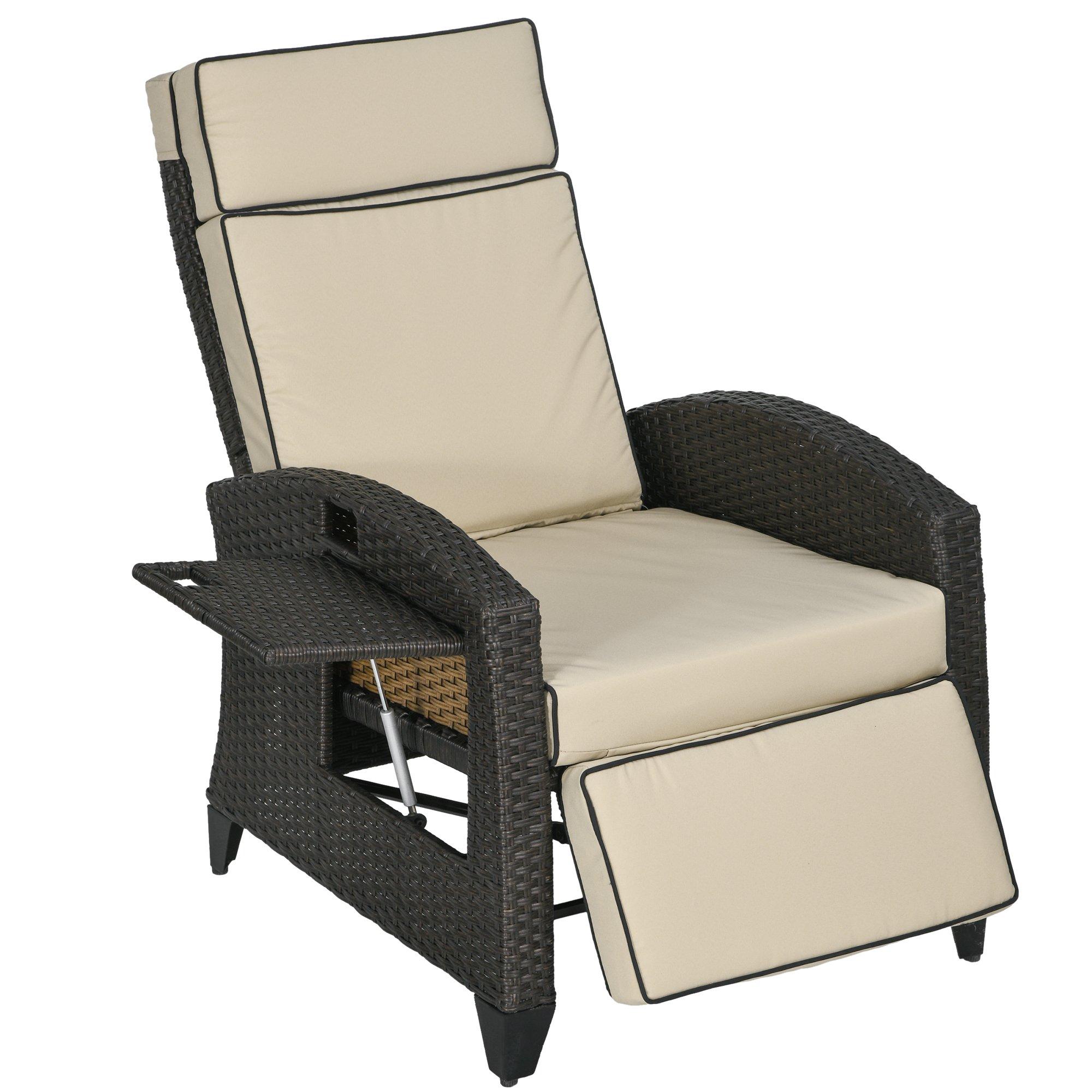 Outdoor Recliner Chair w/ Cushion, PE Rattan Reclining Lounge Chair