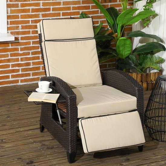 OUTSUNNY Outdoor Recliner Chair w/ Cushion, PE Rattan Reclining Lounge Chair 2