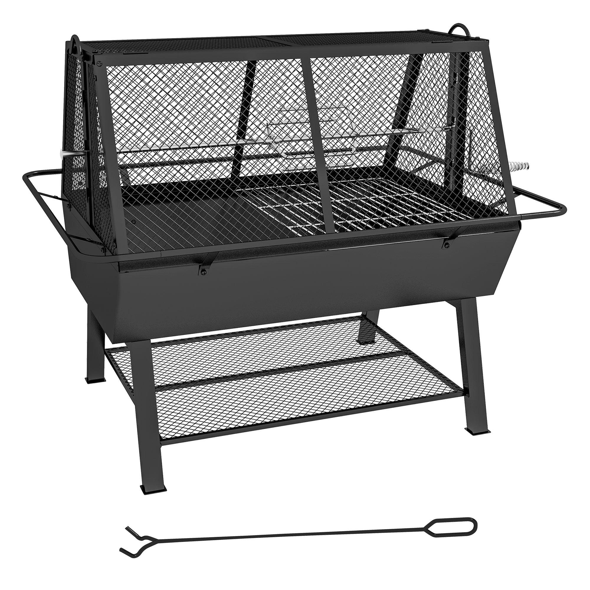 3-in-1 Charcoal Barbecue Grill, Rotisserie Roaster, Fire Pit with Shelf Mesh Lid