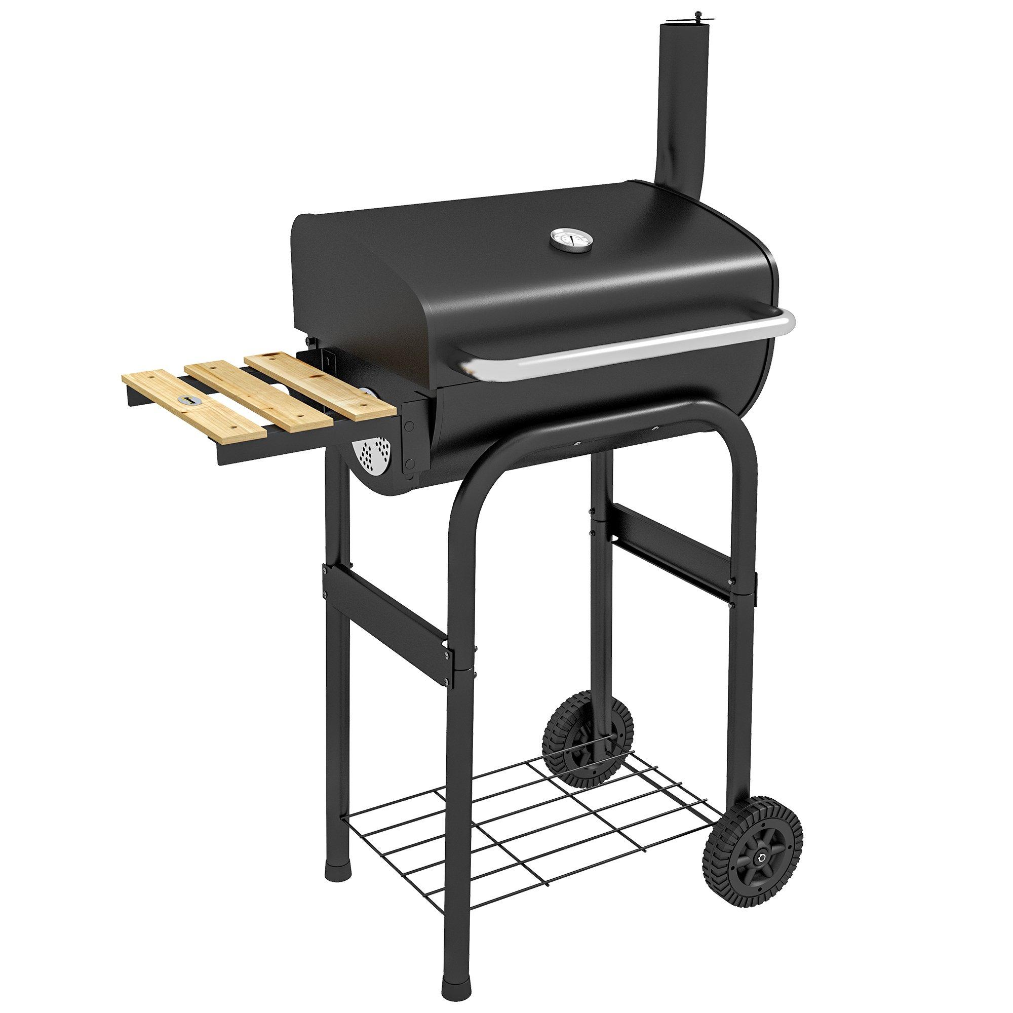 Charcoal Barbecue Grill with Shelves and Wheels, Portable BBQ Trolley Smoker