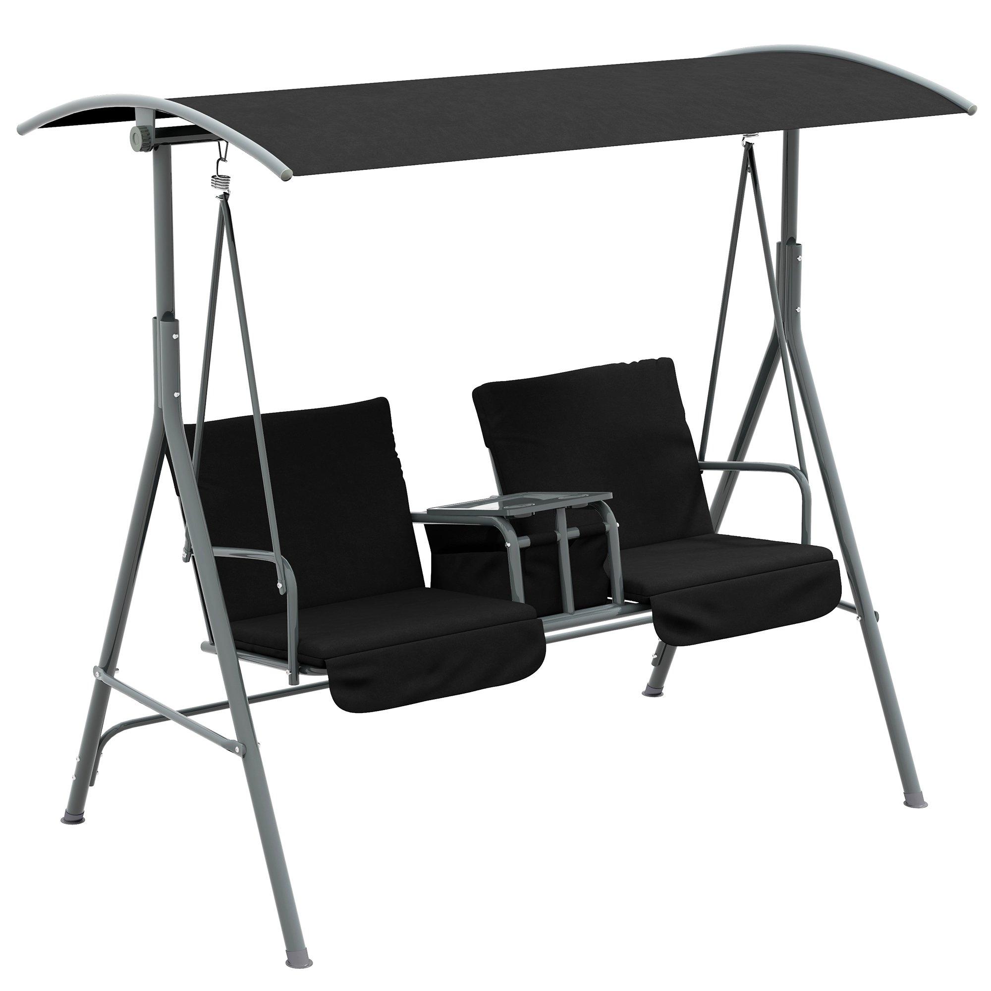 2 Seater Garden Swing Chair w/ Tilting Canopy, Drink Tray & Storage Bag, Black