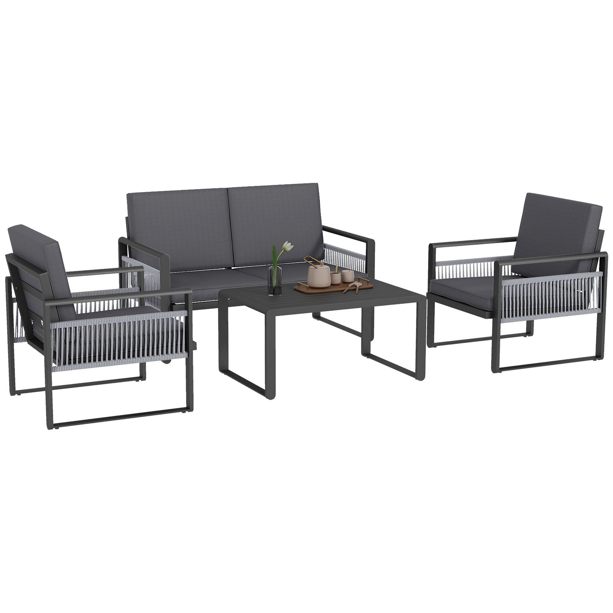 Aluminium Garden Furniture Sets with Cushions, Slatted Top Coffee Table, Black