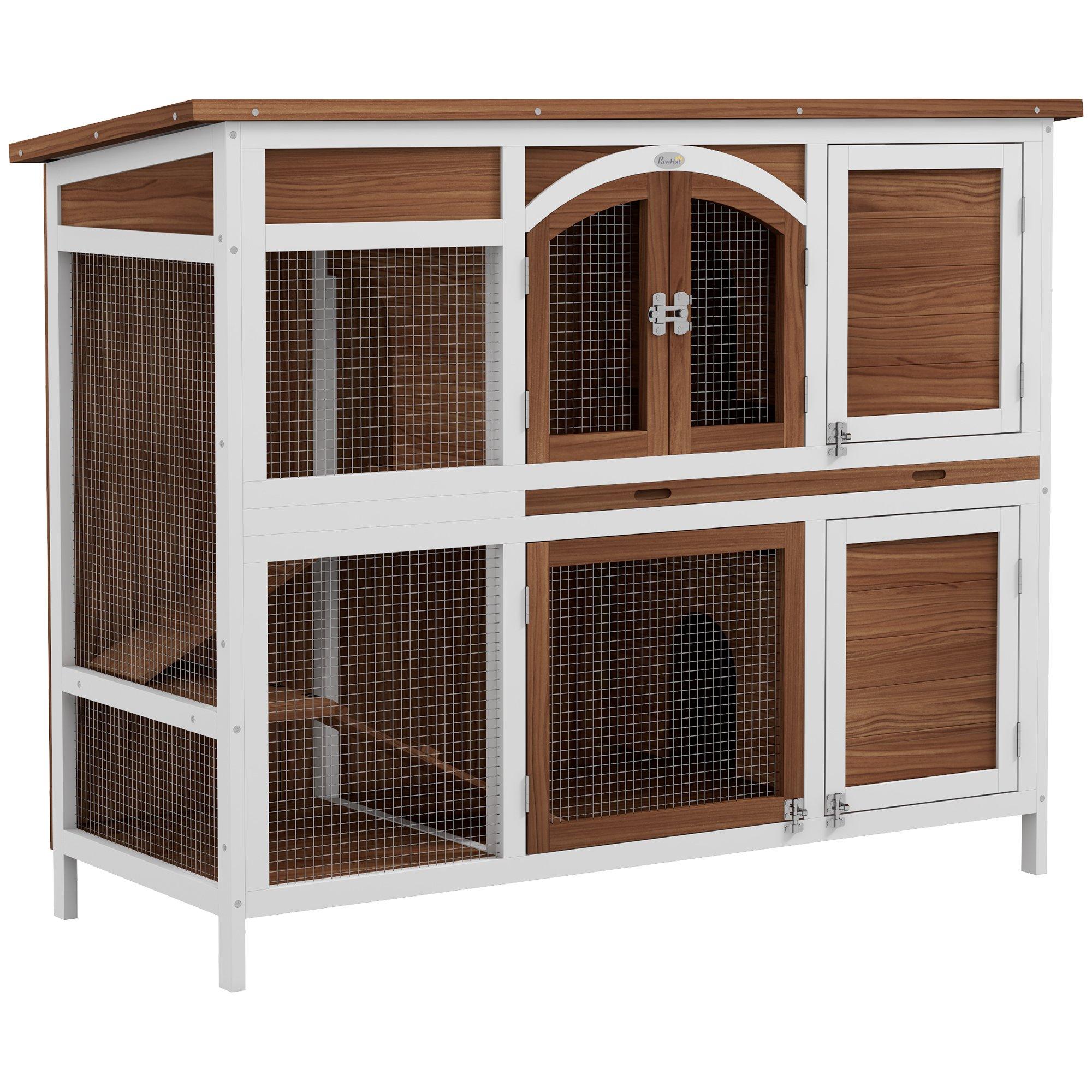 Two-Tier Wooden Rabbit Hutch Bunny Run with Openable Roof, Slide-Out Tray, Ramp