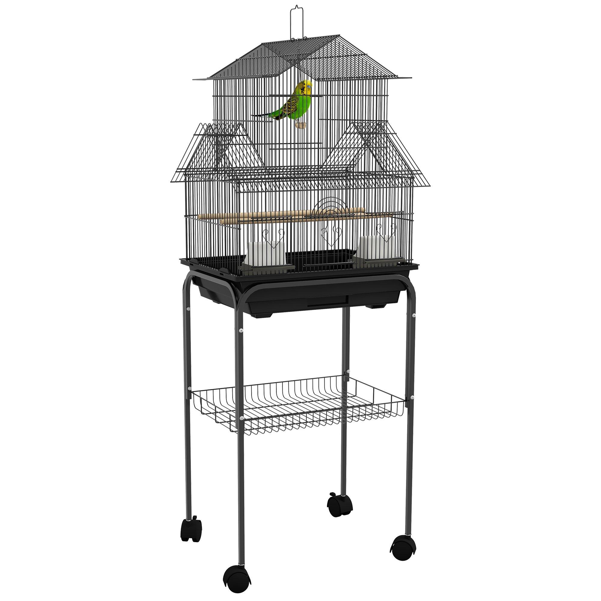 Metal Bird Cage with Plastic Perch Food Container Handle 50.5 x 40 x 63cm Black