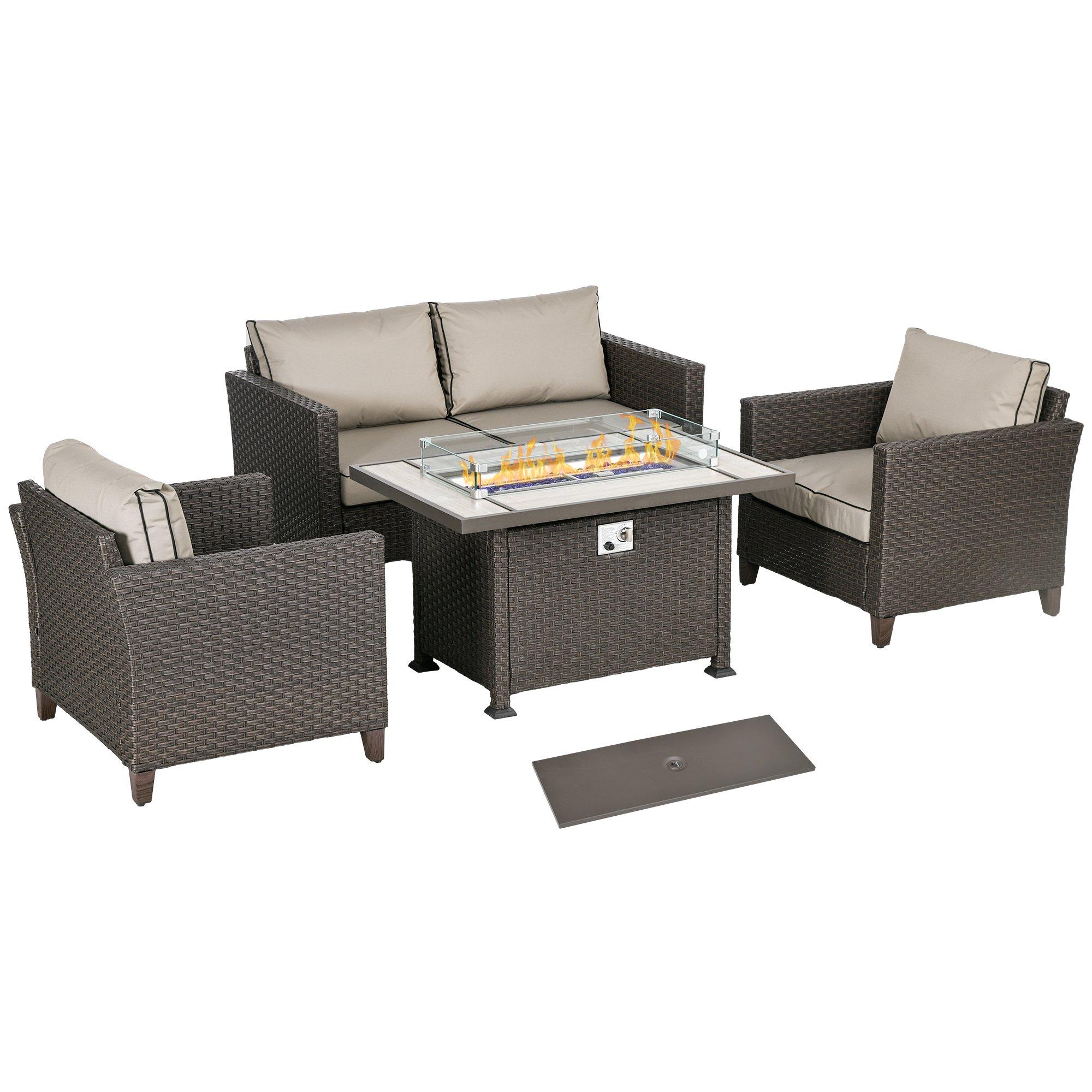 5 Pieces Rattan Garden Furniture Set with Gas Fire Pit Table, Cushion, Brown