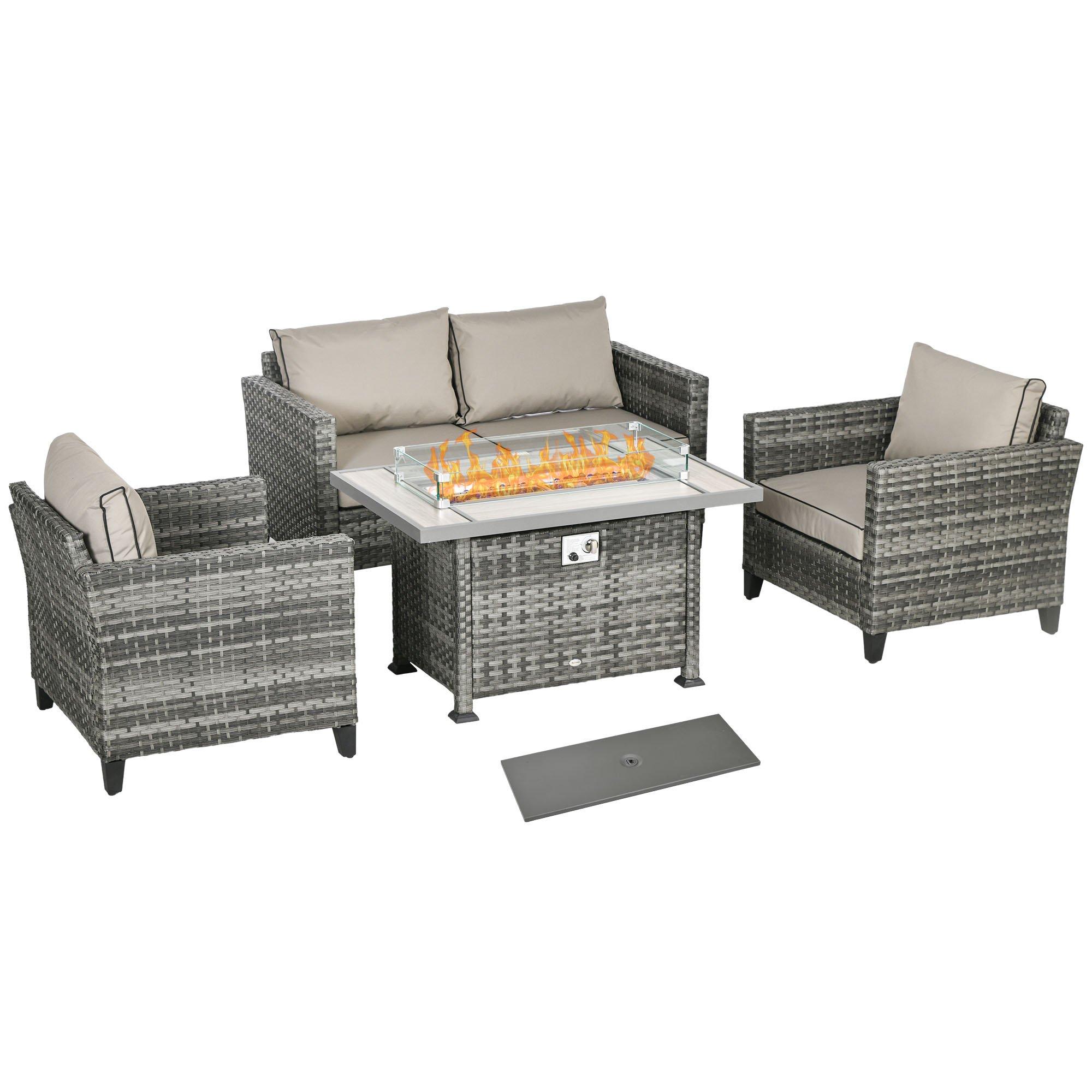 5 Pieces Rattan Garden Furniture Set with Gas Fire Pit Table, Cushion, Grey