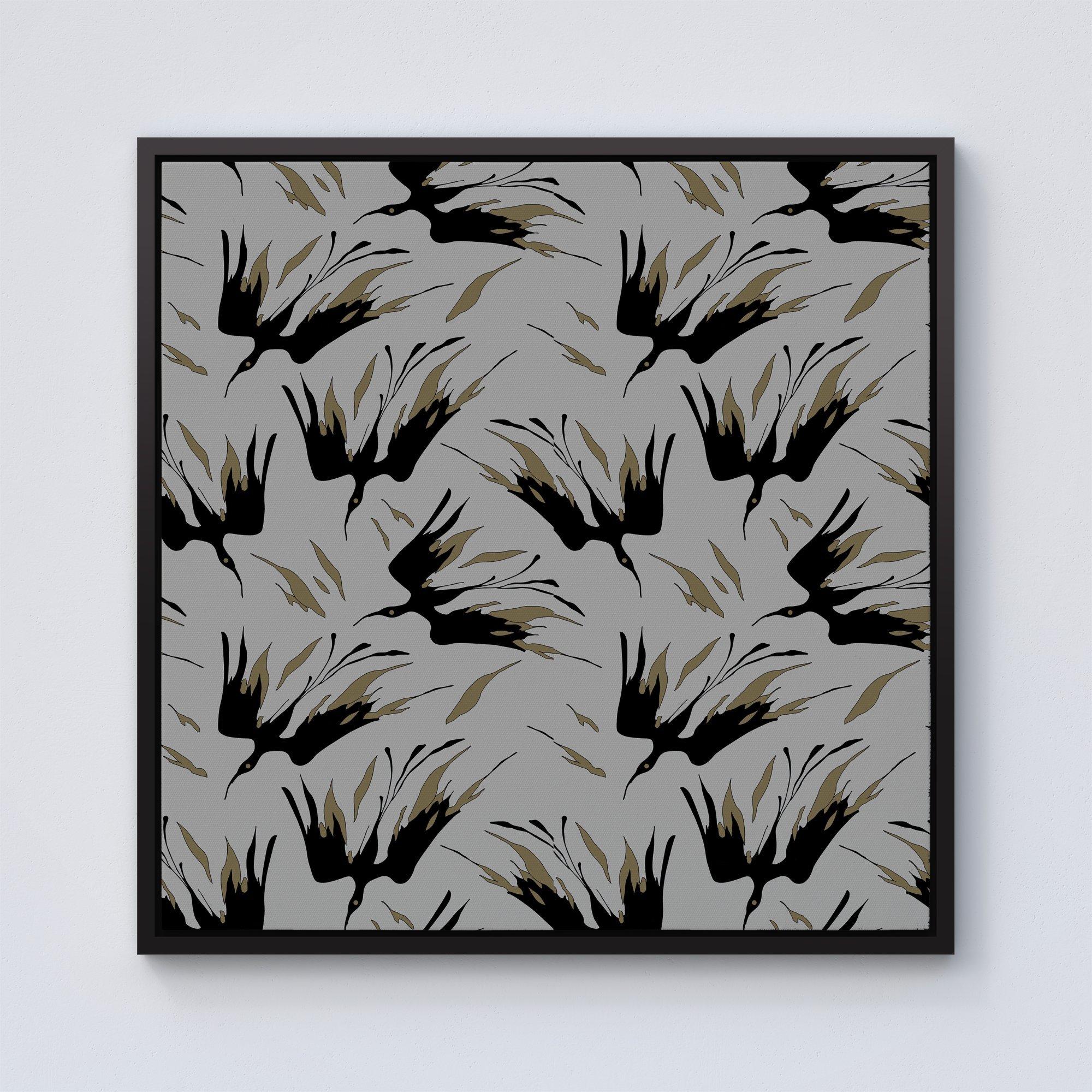 Black And Gold Fire Bird Silhouettes Framed Canvas