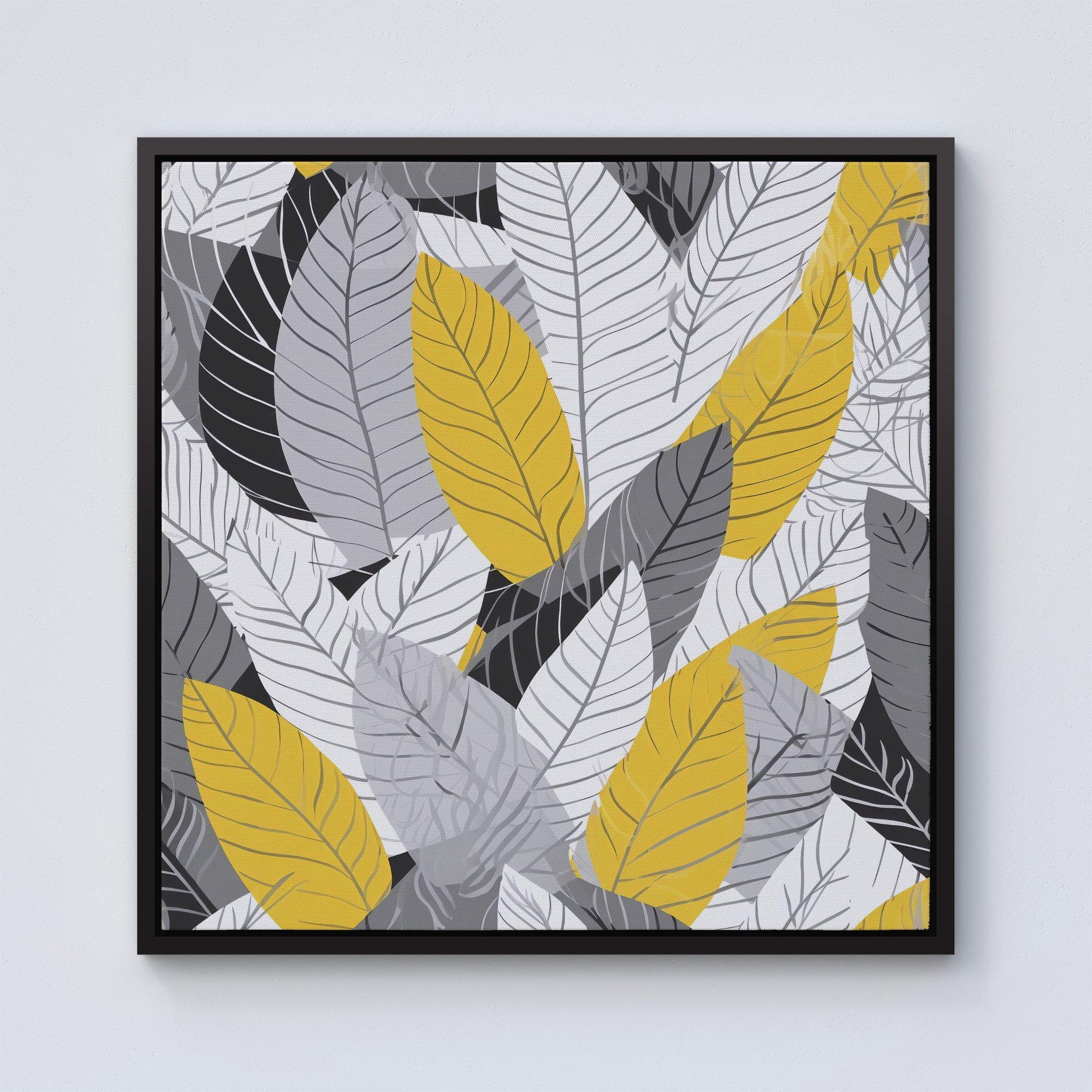 Yellow Grey Feather Leaves Framed Canvas