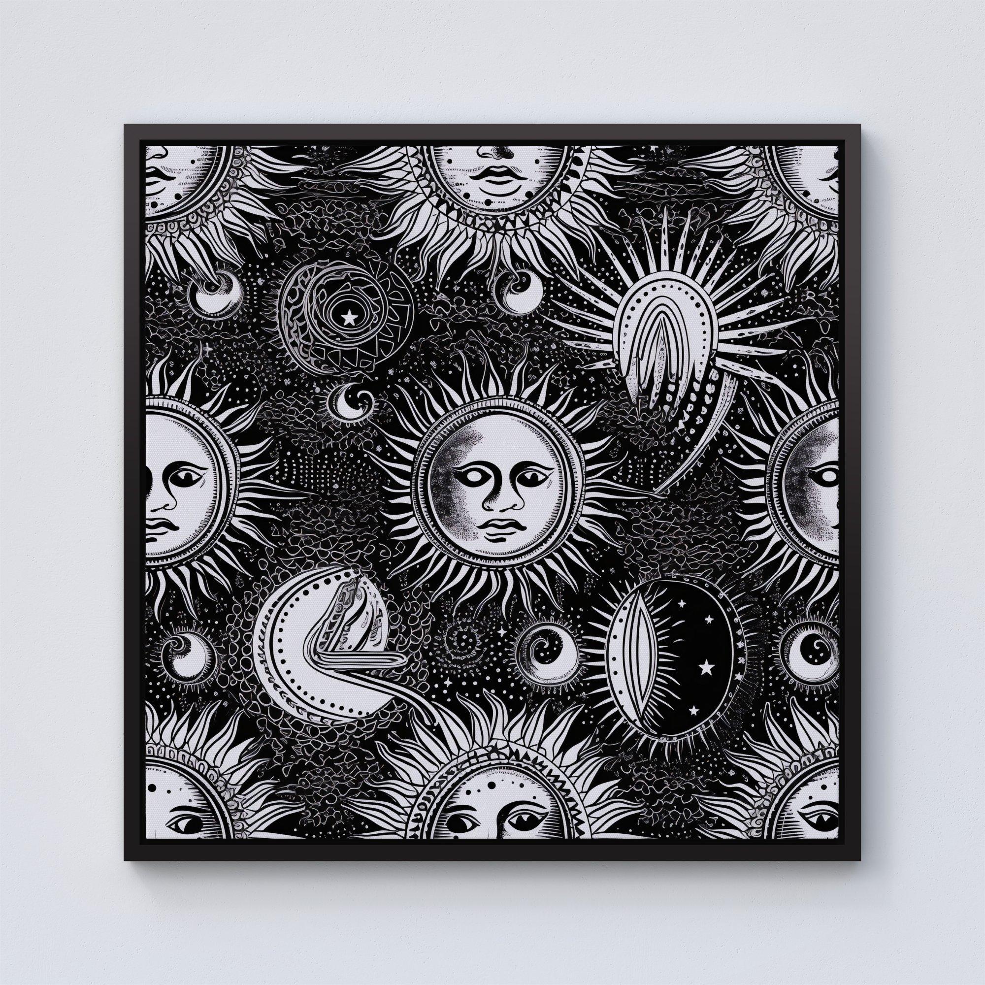 Moon and Sun Black White Framed Canvas