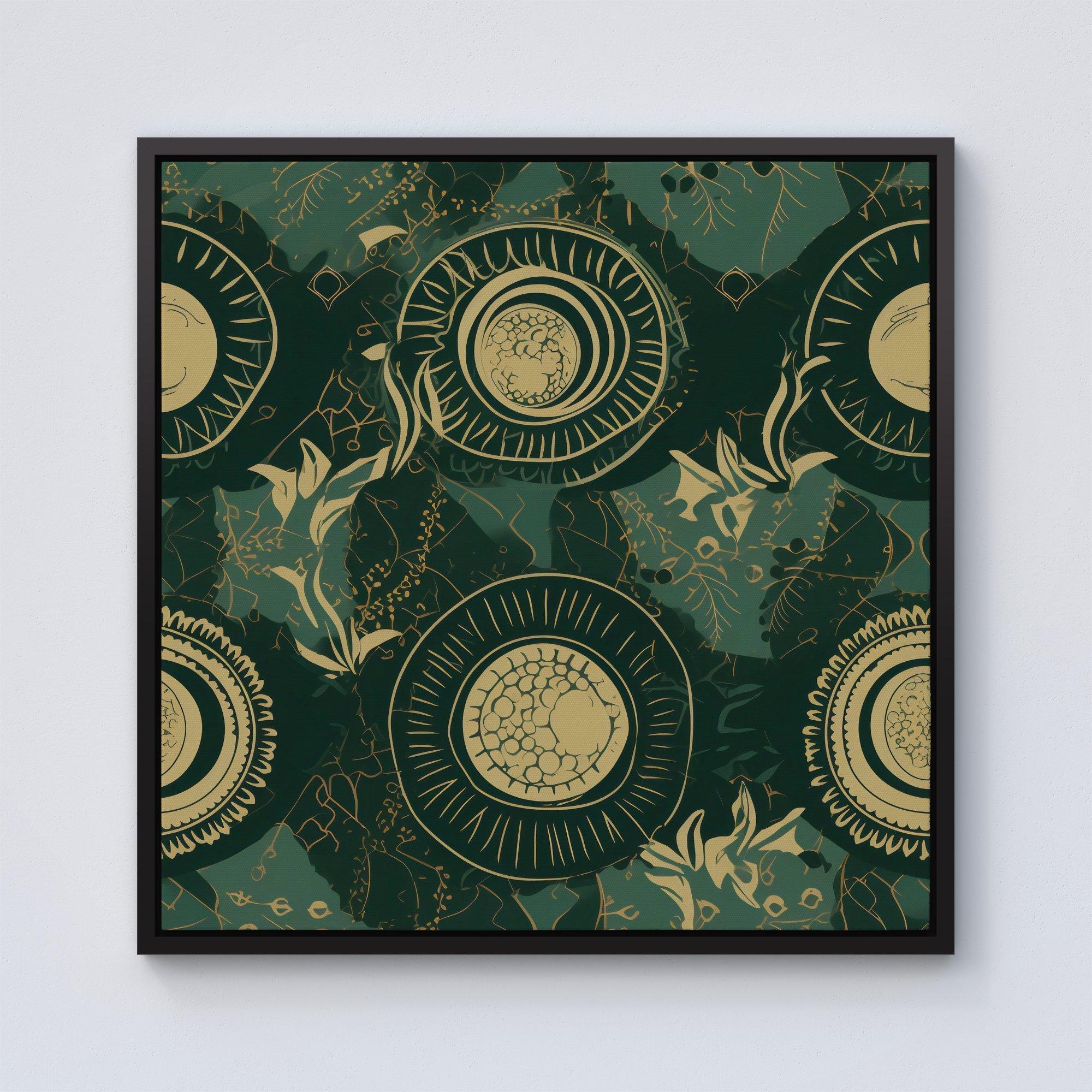 Abstract Green Gold Moon Pattern Framed Canvas