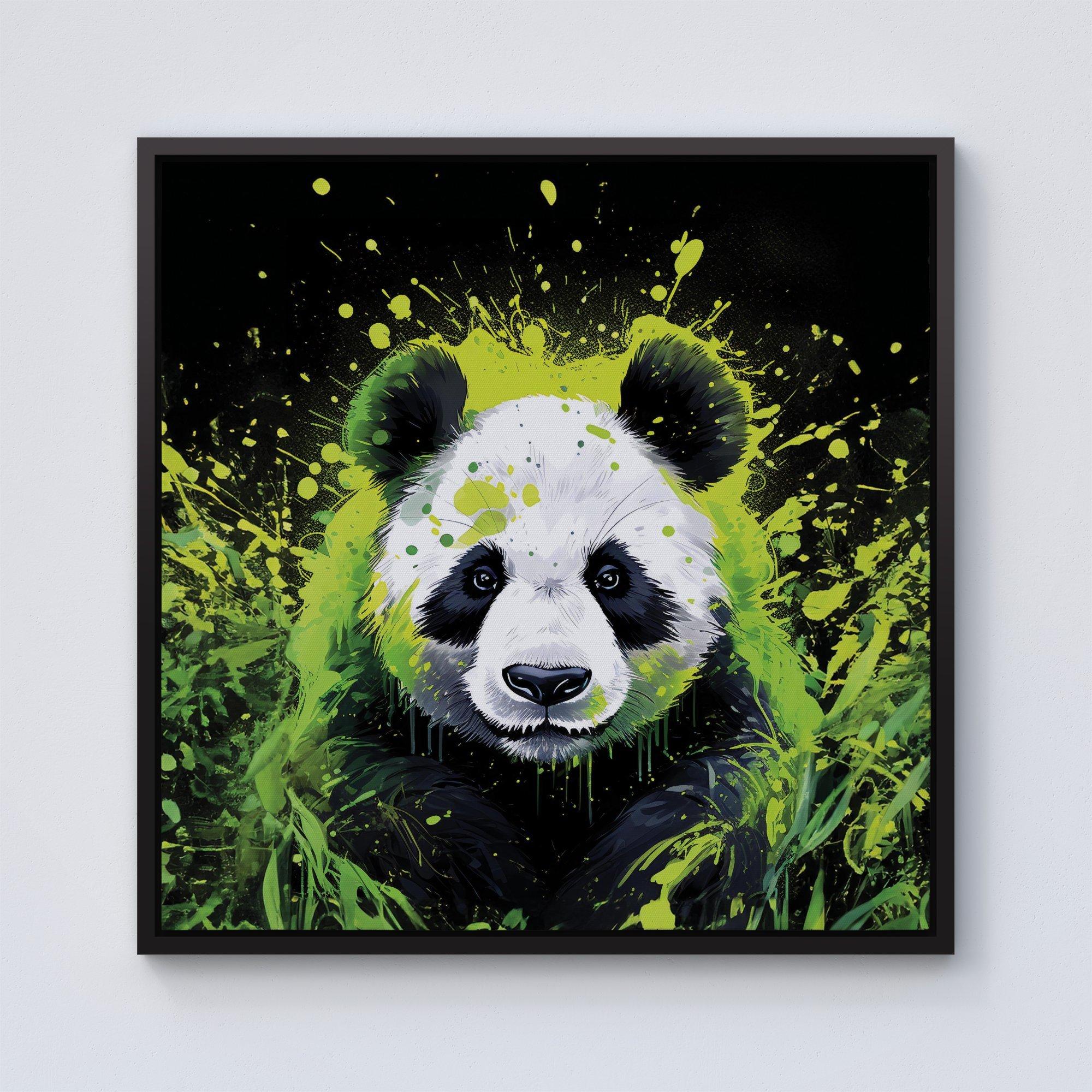 Green Splashart Panda Face Framed Canvas