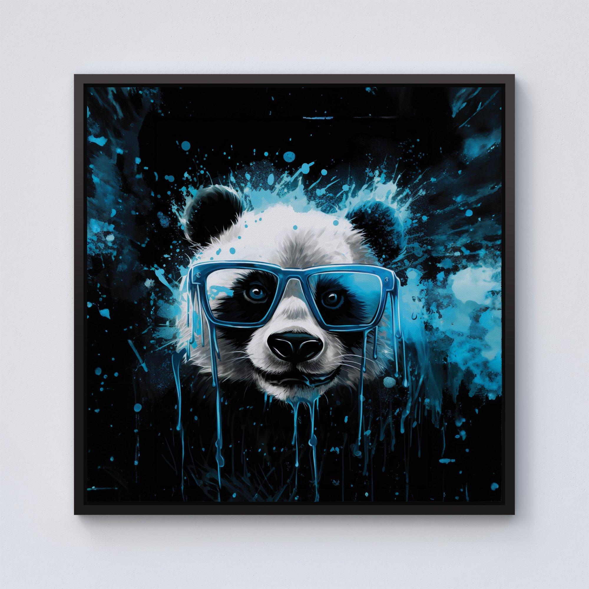 Blue Splashart Panda Face Framed Canvas