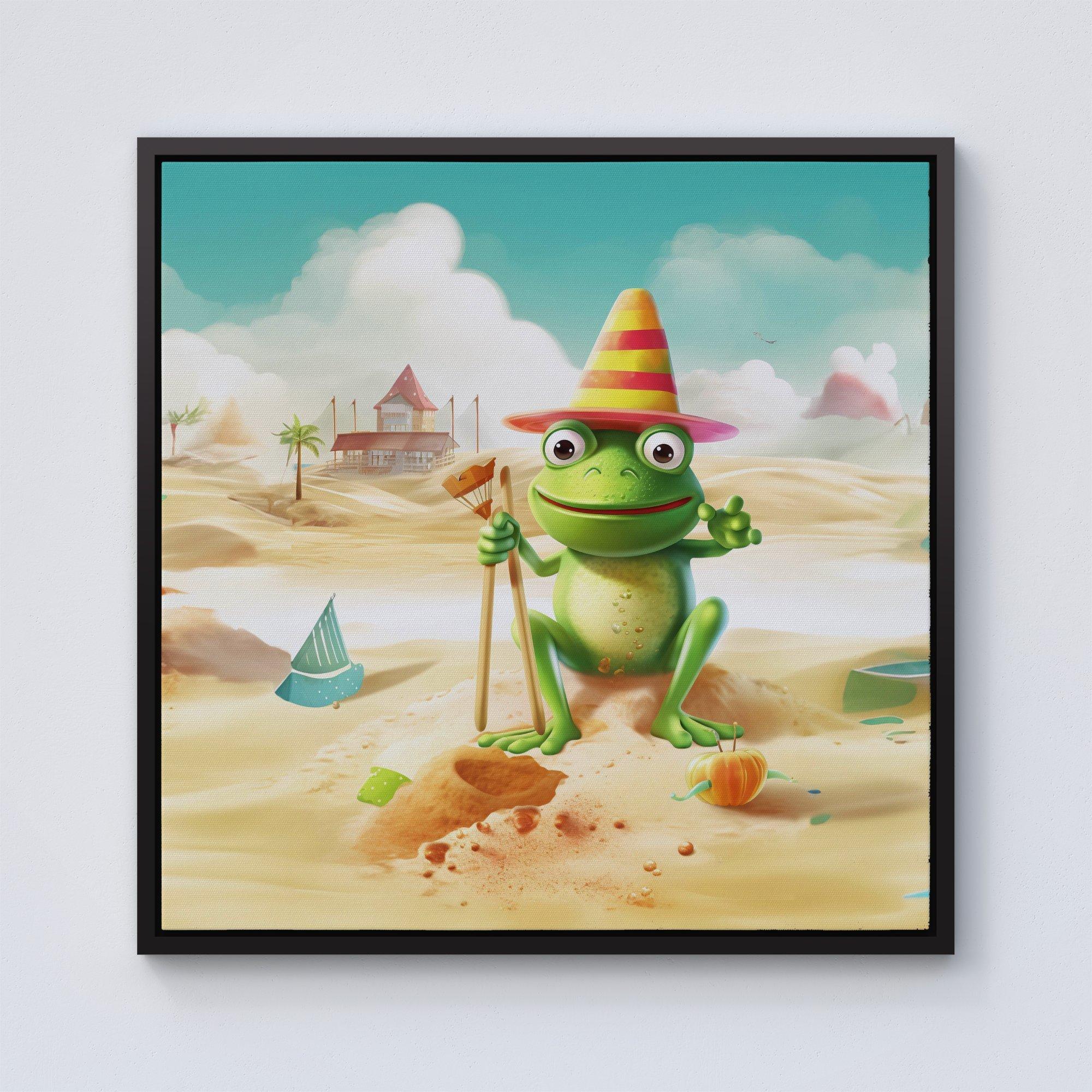 Happy Frog On A Beach Holiday Framed Canvas
