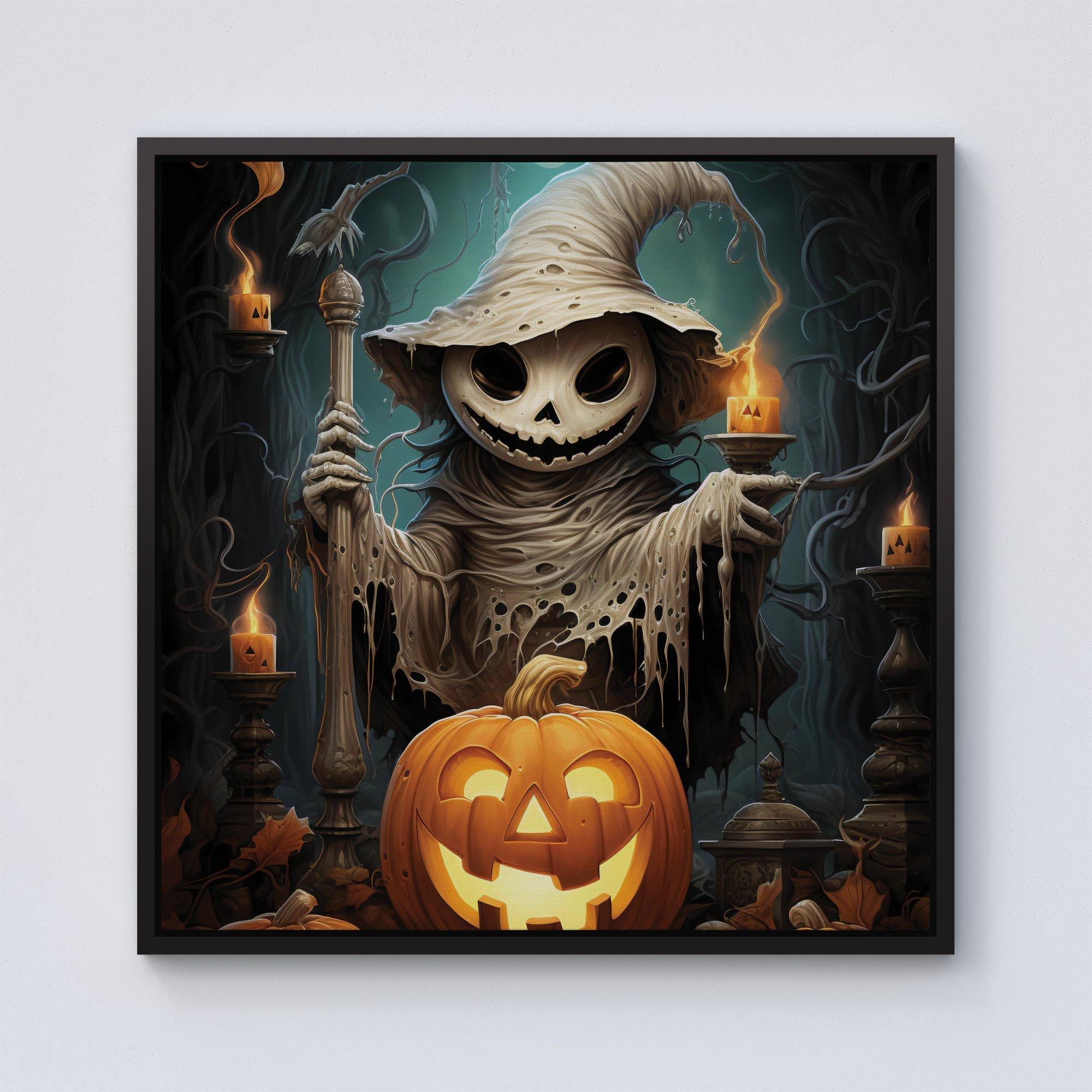 Creepy  Ghost With Pumpkins Framed Canvas