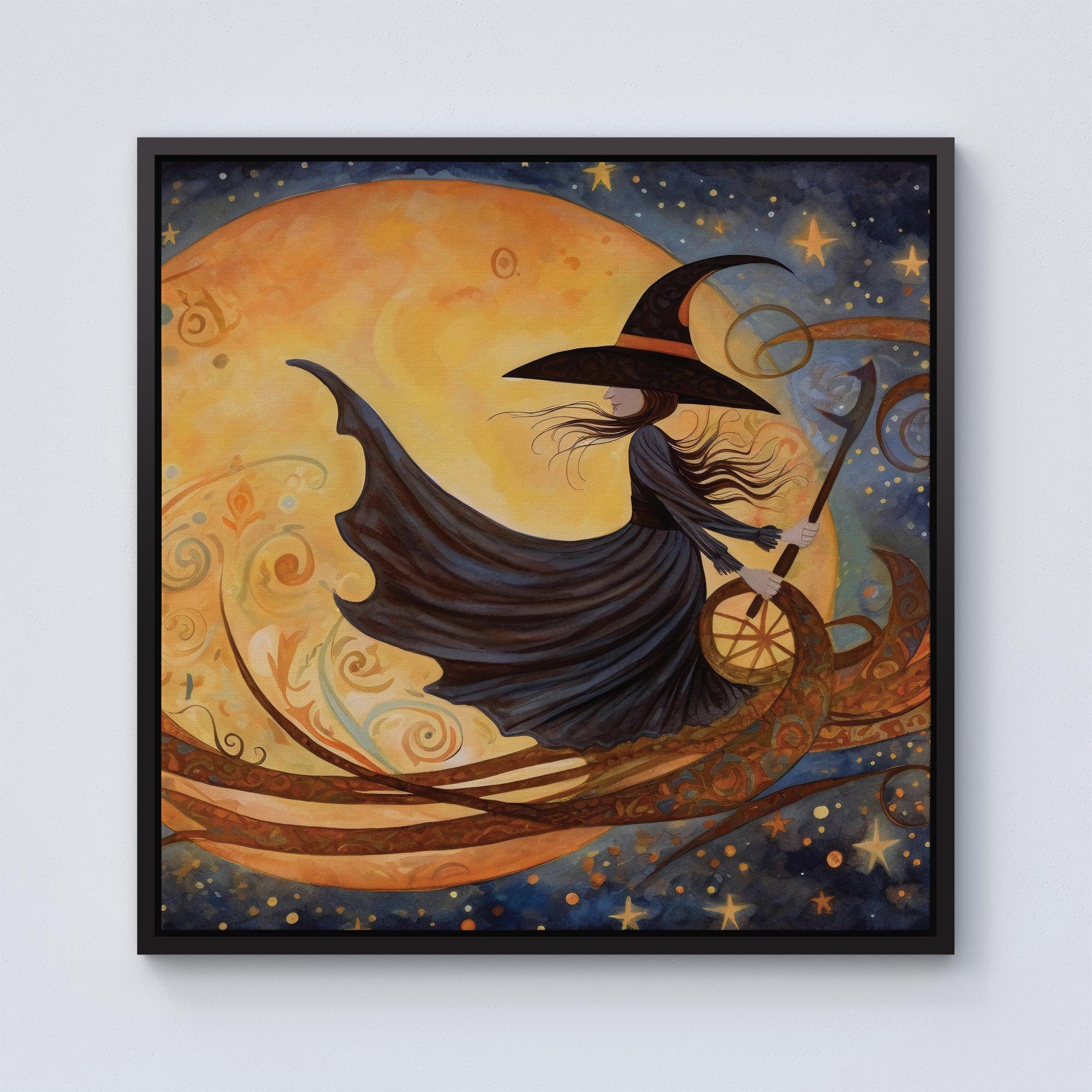 Imaginative Painting Of A Whimsical Witch On A Broomstick Framed Canvas