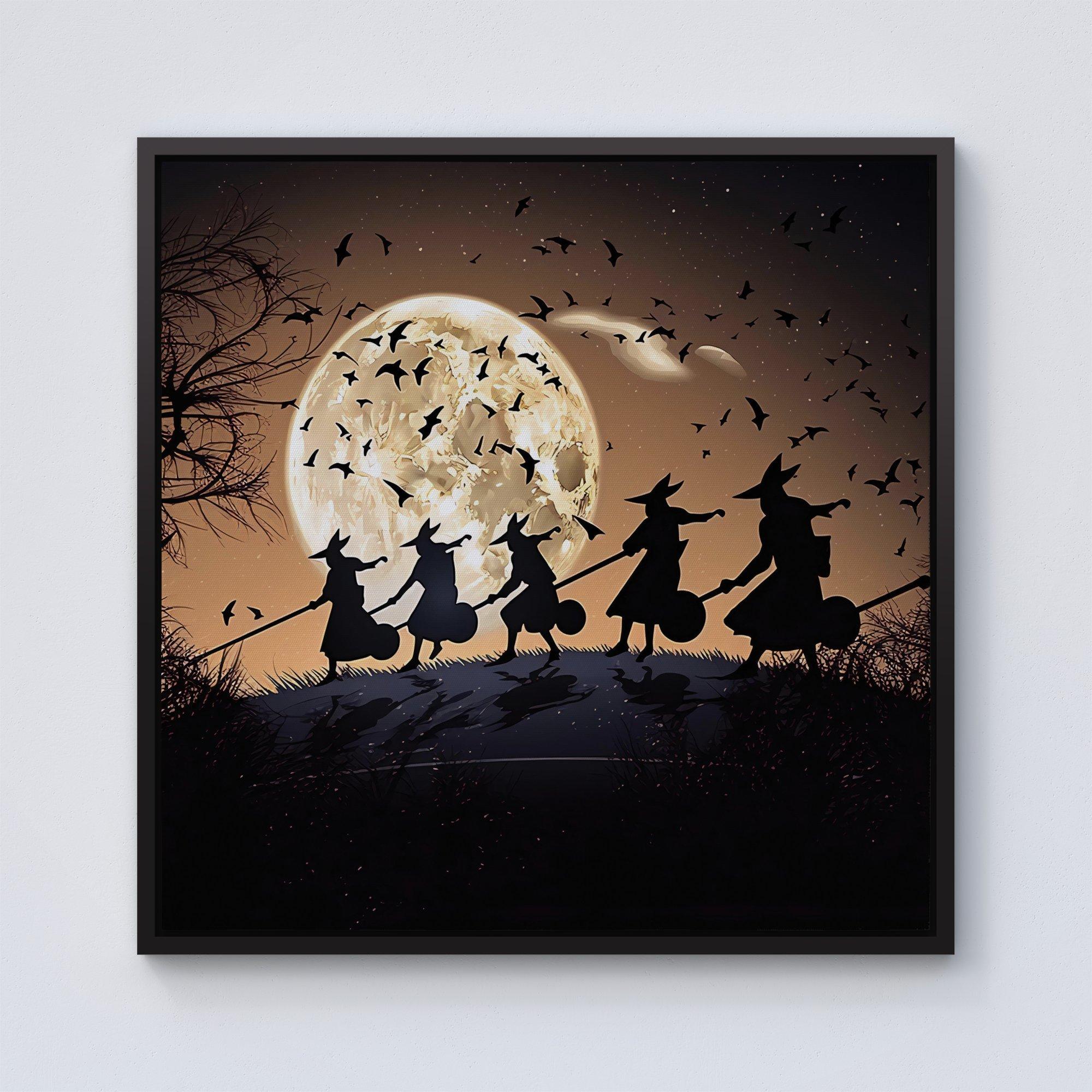 A Group Of Witches Riding Broomsticks Through The Night Framed Canvas
