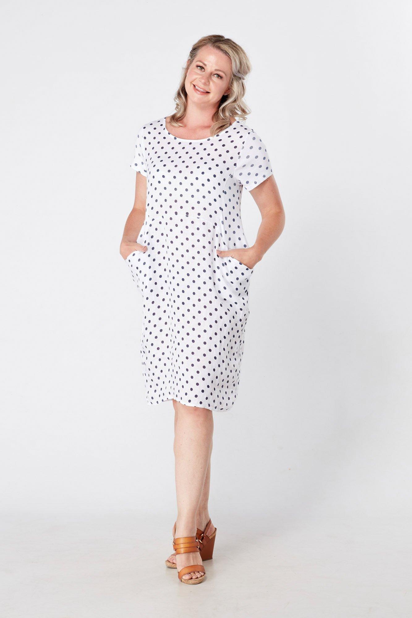 Linen Spot Print Dress with Short Sleeves