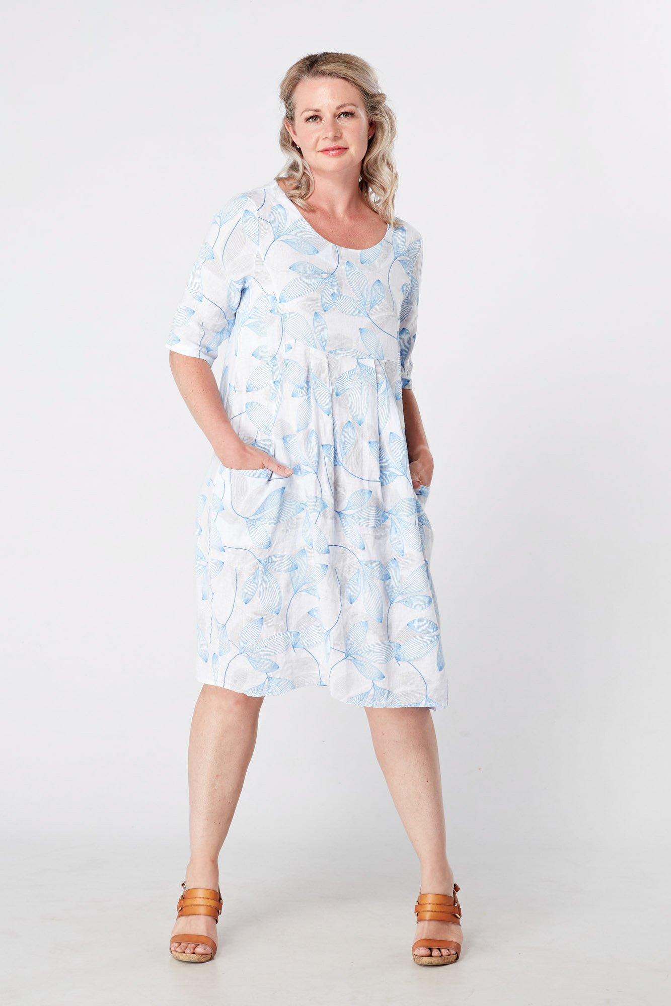 Linen Floral Print Dress with 3/4 Sleeves