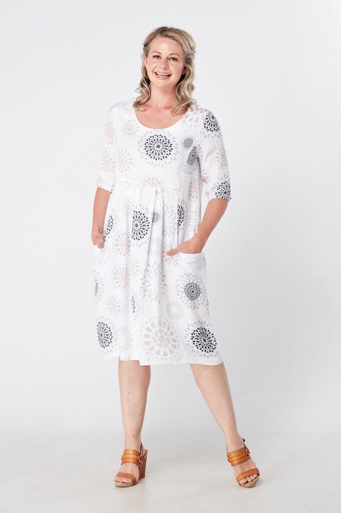 Linen Printed Dress With 3/4 Sleeves