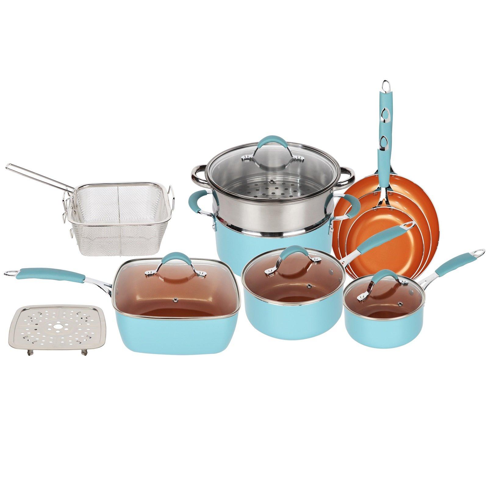 Blue and Copper Induction 14 Piece Non Stick Kitchen Cookware Set