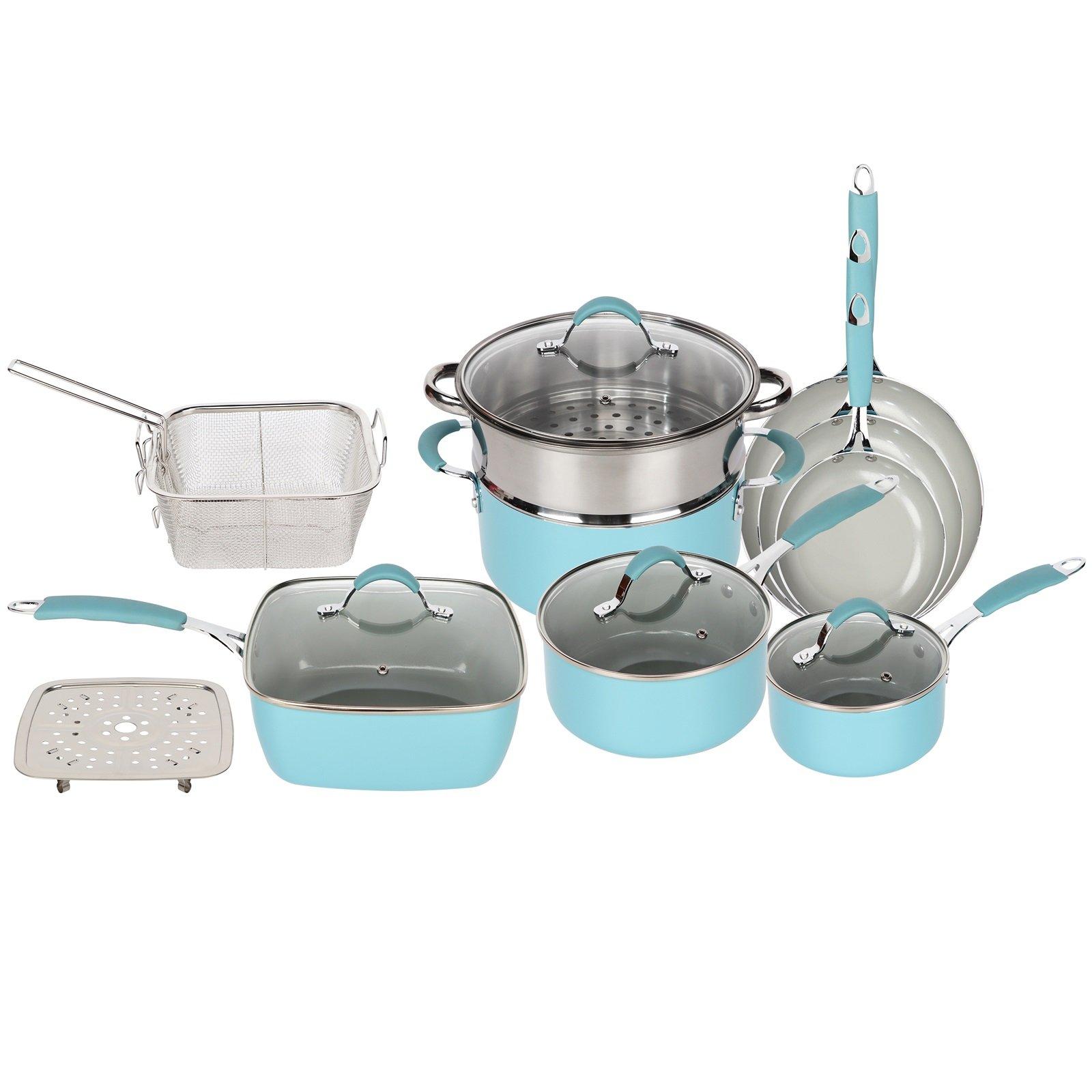 Blue and Dove Grey Induction 14 Piece Non Stick Kitchen Cookware Set