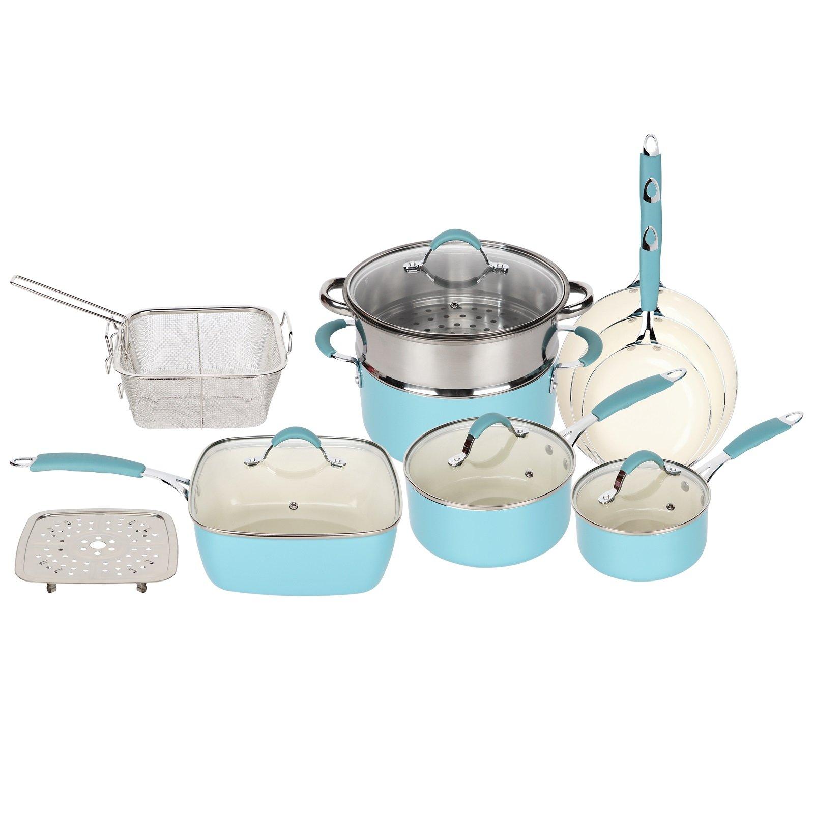 Blue and White Induction 14 Piece Non Stick Kitchen Cookware Set