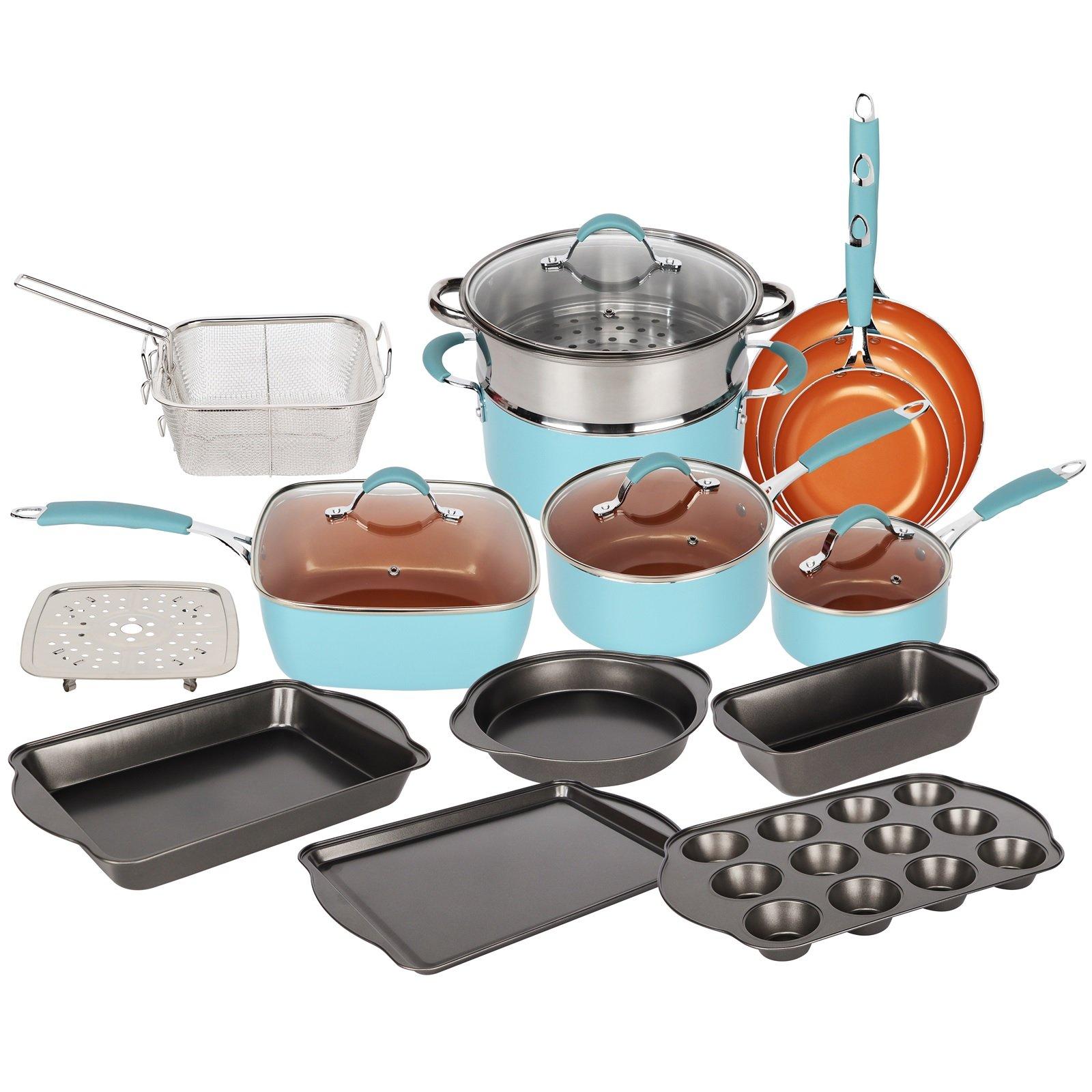 Blue and Copper Induction 19 Piece Non Stick Kitchen Cookware Bakeware Set