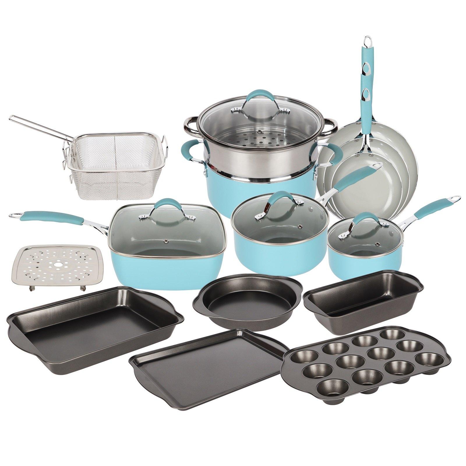 Blue and Dove Grey Induction 19 Piece Non Stick Kitchen Cookware Bakeware Set