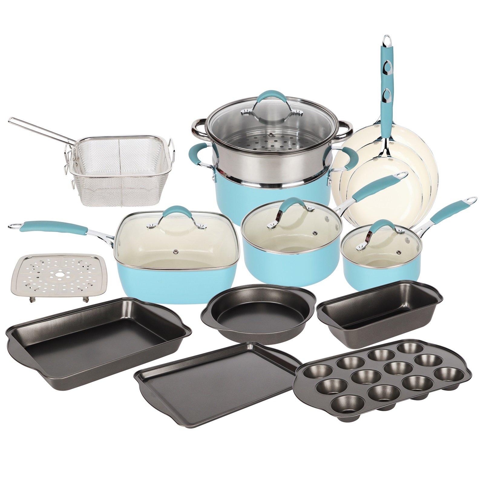 Blue and White Induction 19 Piece Non Stick Kitchen Cookware Bakeware Set