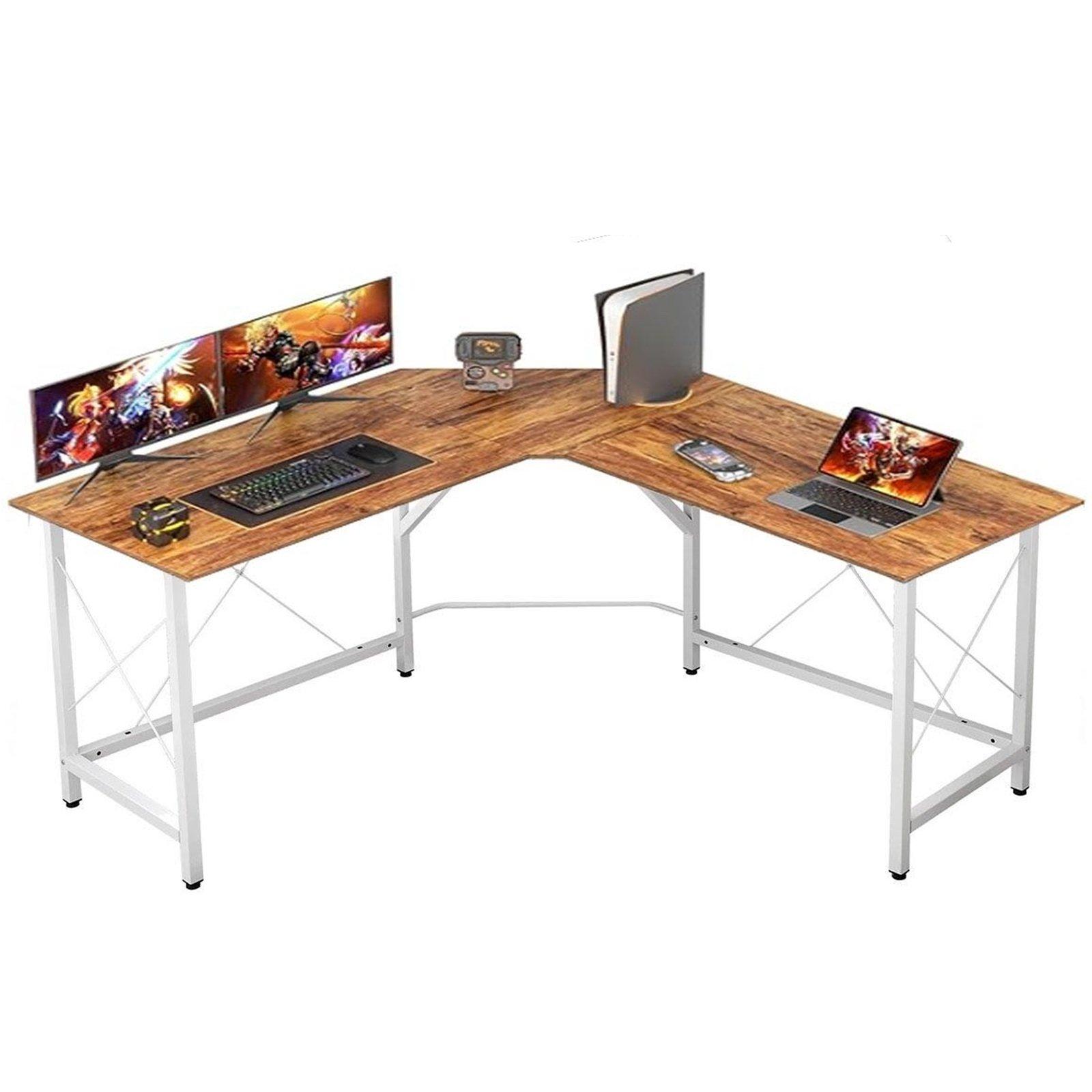 Wooden Dark Teak White L Shape Computer Desk Workstation Table