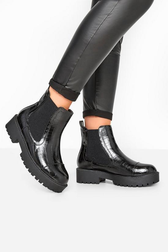 Yours Wide Fit Black Patent Croc Platform Chelsea Boots 2