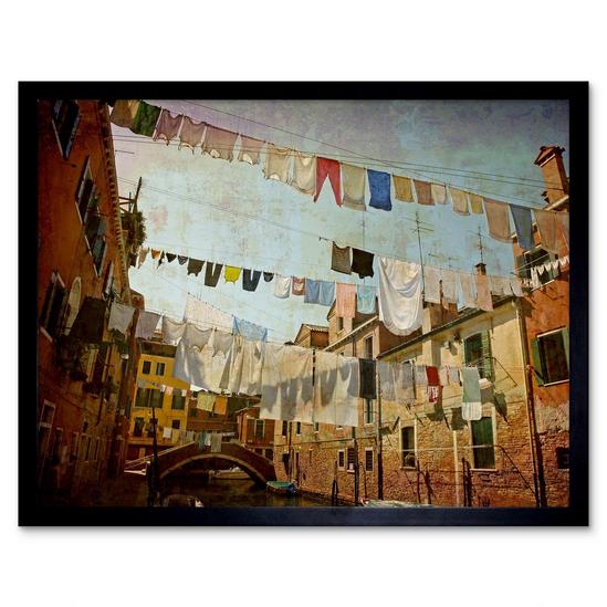 Artery8 Wall Art Print Venice Canal Italy Clothesline Washing Line Laundry Retro Style Photograph Art Framed 1