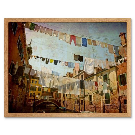 Artery8 Venice Canal Italy Clothesline Washing Line Laundry Retro Style Photograph Art Print Framed Poster Wall Decor 12x16 inch 1