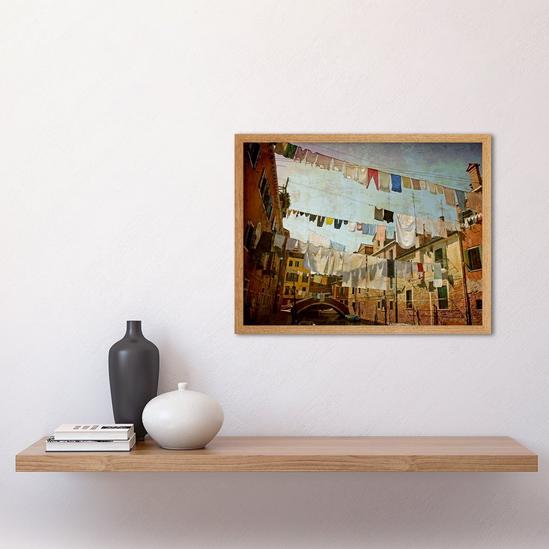 Artery8 Venice Canal Italy Clothesline Washing Line Laundry Retro Style Photograph Art Print Framed Poster Wall Decor 12x16 inch 2