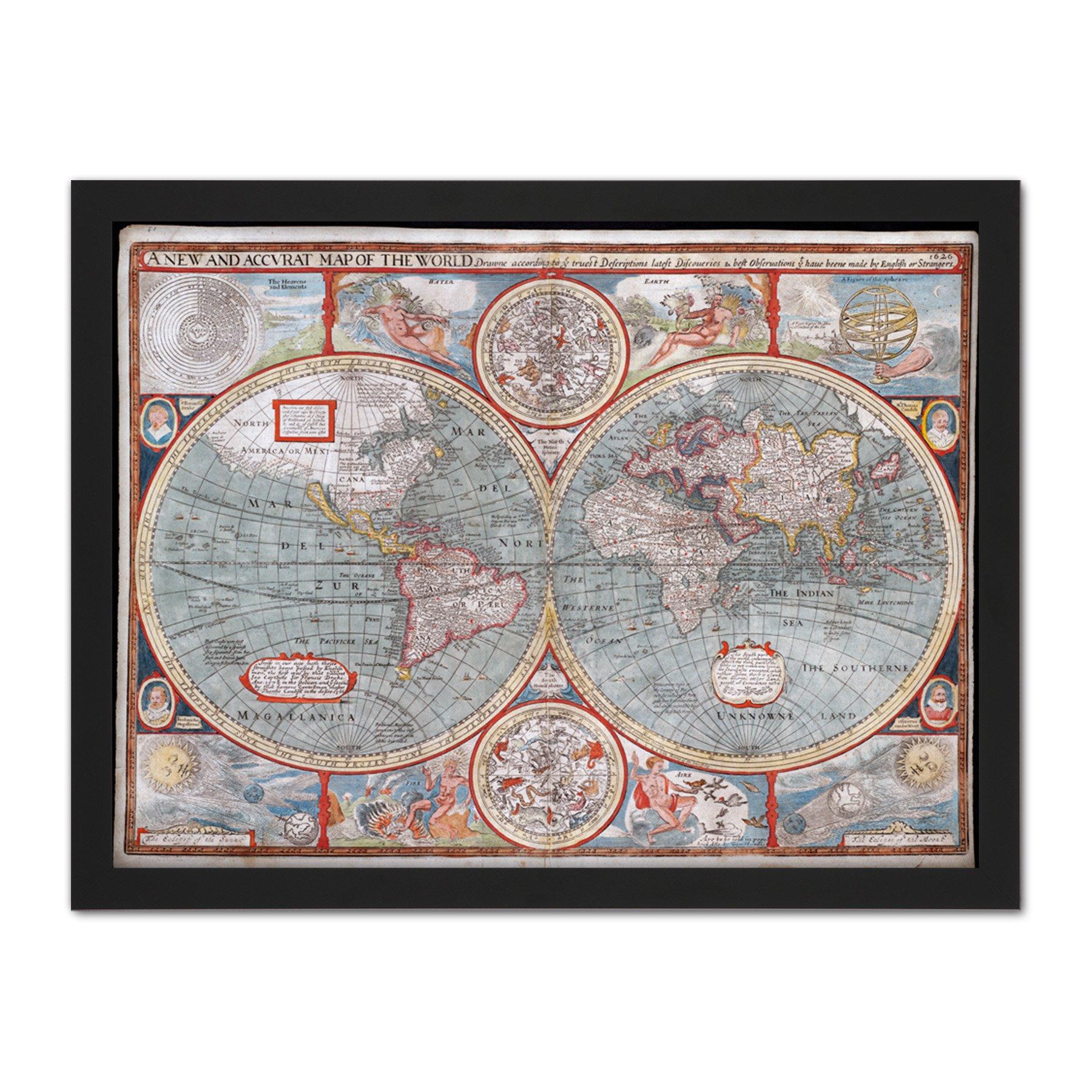 Speed 1626 Pictorial Map World Hemispheres Large Framed Wall Decor Art Print