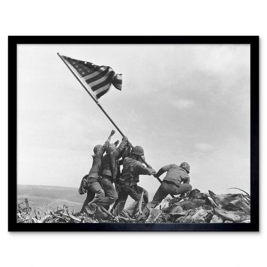 Artery8 Wall Art Print Joe Rosenthal Marines Raising American Flag 1945 Photo Iwo Jima Iconic WW2 Black and White Art Framed 1