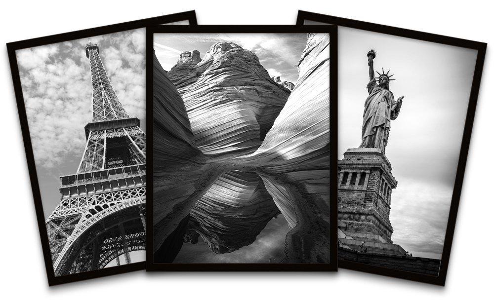 Eiffel Tower Statue Liberty Nature World Black White Photo Black Framed Wall Art Print Poster Home D