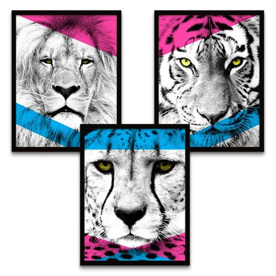 Wee Blue Coo Wall Art Print Contemporary Bold Fierce Cats Lion Cheetah Tiger Black Framed Poster Pack of 3 2