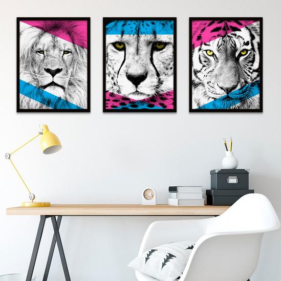 Wee Blue Coo Wall Art Print Contemporary Bold Fierce Cats Lion Cheetah Tiger Black Framed Poster Pack of 3 3