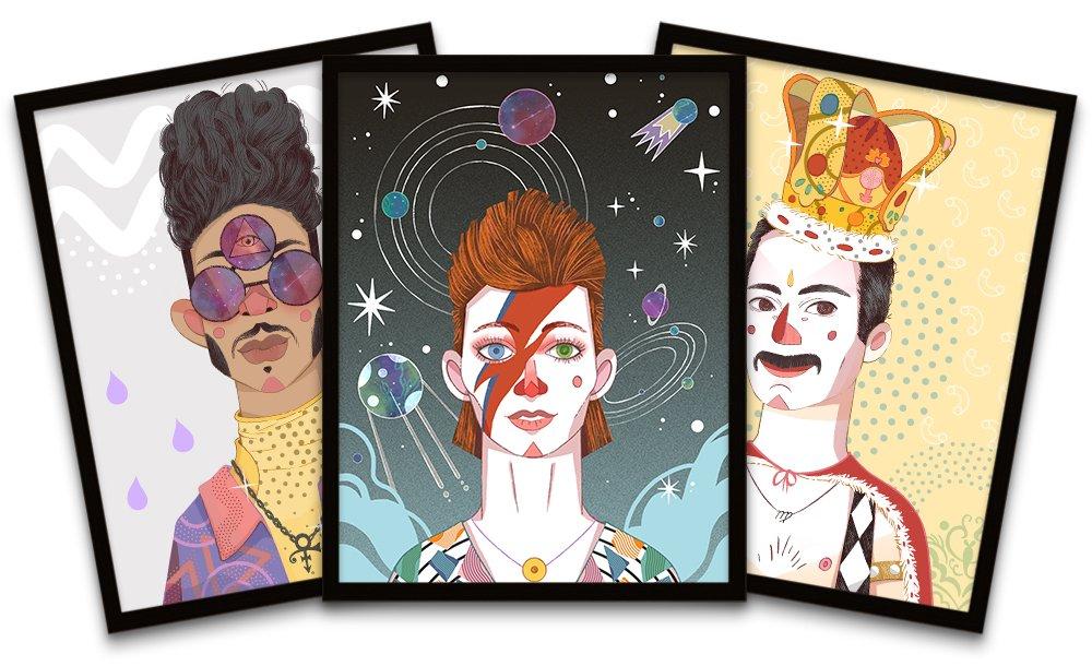Musical Icons Prince Bowie Freddie Illustration Black Framed Wall Art Print Poster Home Decor Premiu
