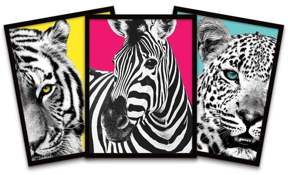 Tiger Zebra Leopard Animals Close Up Colourful Black Framed Wall Art Print Poster Home Decor Premium