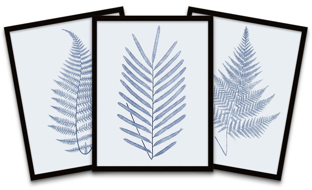 Botanics Cobalt Blue Grey Leaves Ferns Nature Black Framed Wall Art Print Poster Home Decor Premium 