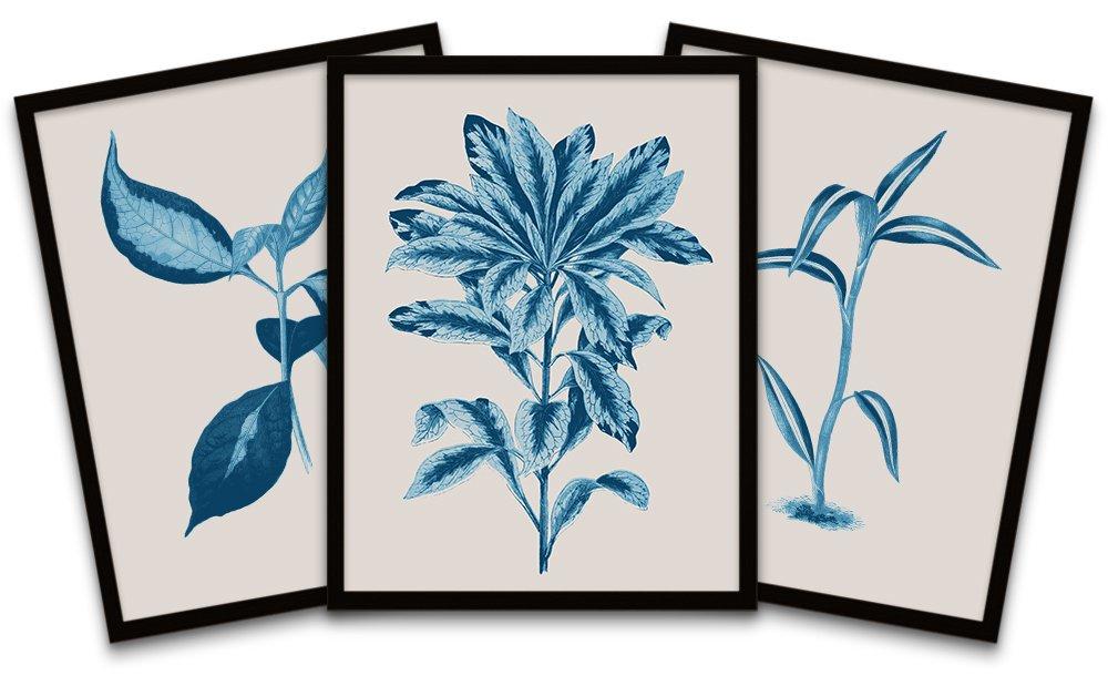 Botanics Blue Beige Leaves Ferns Nature Black Framed Wall Art Print Poster Home Decor Premium Pack o