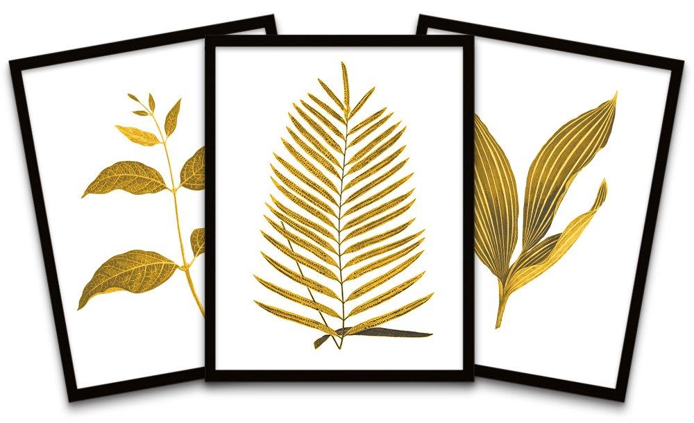 Botanics Gold Grey Leaves Ferns Nature Black Framed Wall Art Print Poster Home Decor Premium Pack of