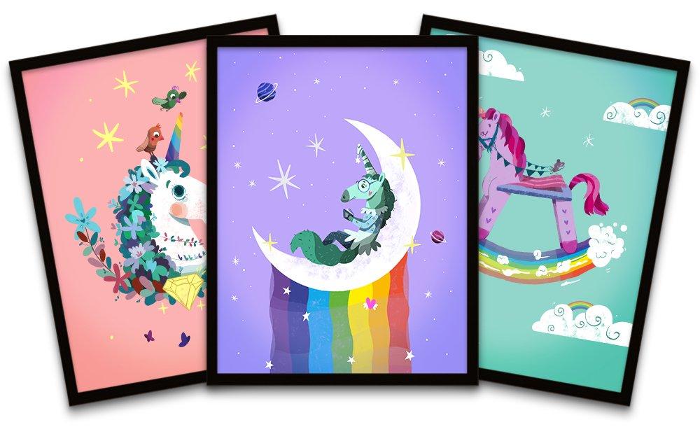 Unicorns Rainbows Moon Stars Colourful Black Framed Wall Art Prints Set of 3 Children's Bedroom Deco