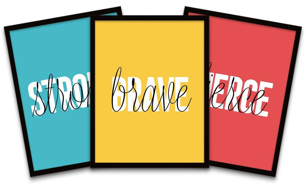 Solid Simple Words Atrong Brave Fierce Black Framed Wall Art Print Poster Home Decor Premium Pack of