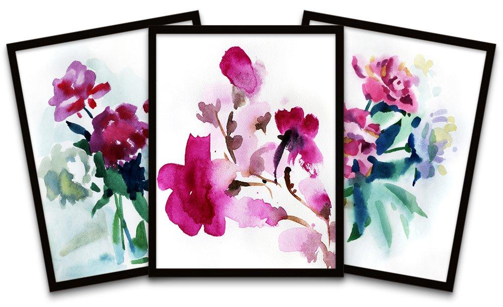 Watercolour Flowers Painting Black Framed Wall Art Print Poster Home Decor Premium Pack of 3